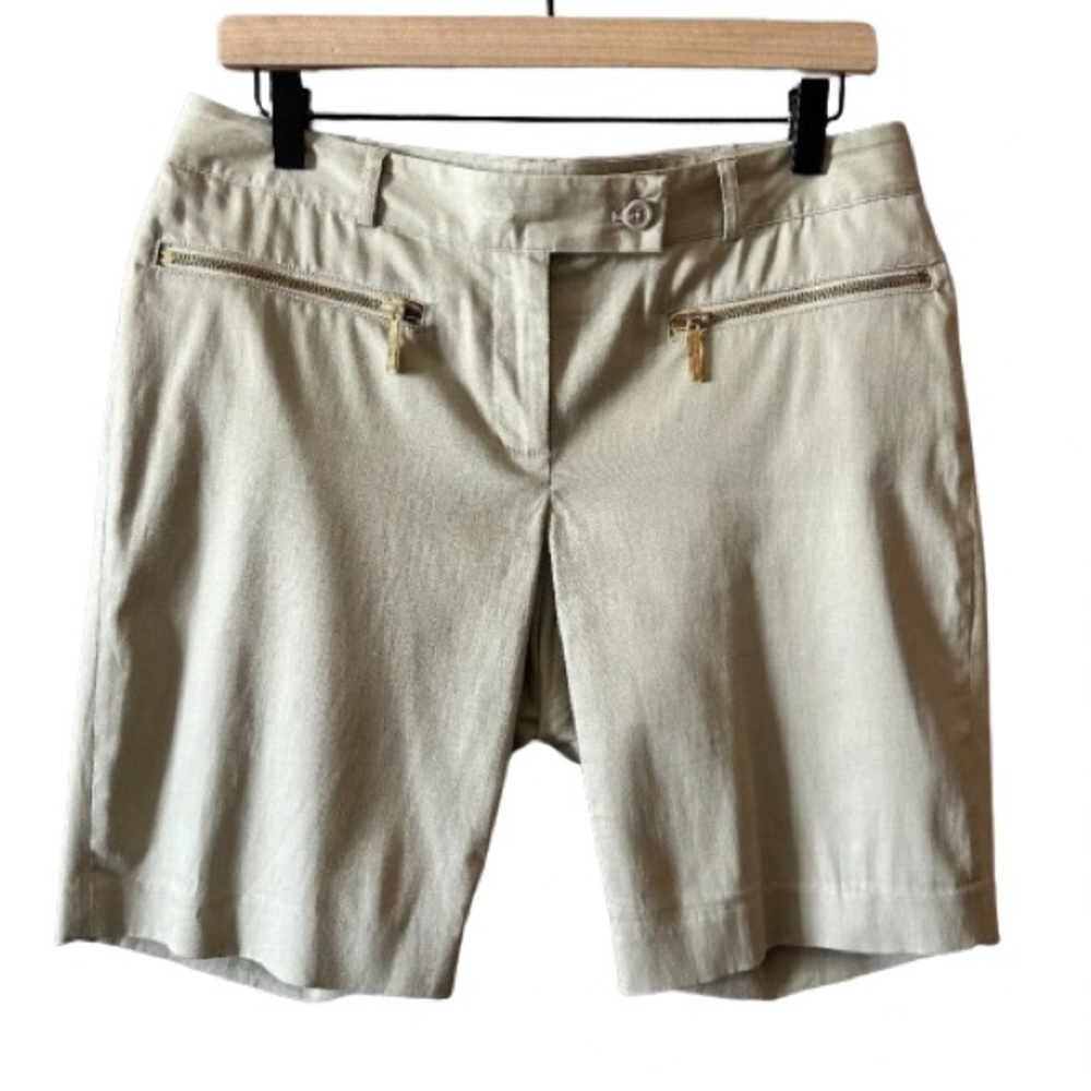 Women's 6 Michael Kors Khaki Chino Stretch Shorts Gold Logo Bermuda Classic Fit